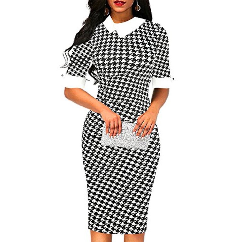 New Vintage Inspired Black White Plaid Knee Length Bodycon Pencil Dress Size XL